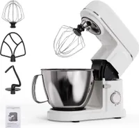 Küchenmaschine 2000W mit 5L Edelstahl-Rührschüssel, inkl. Rührhaken, Knethaken, Schneebesen, Spritzschutz, 8 Geschwindigkeiten, Weiß