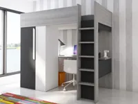 Hochbett mit Schreibtisch & Kleiderschrank - 90 x 200 cm - Anthrazit & Weiß - NICOLAS II