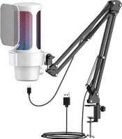 USB-Gaming-Mikrofon, Computer-Mikrofon-Set, RGB-Beleuchtung, Nierencharakteristik, Aufnahme, schnelle Stummschaltung und Verstaerkungsregler mit Galgenhalterung fuer Gaming/Meetings/Live-Streaming/Audioaufnahme/Video, Plug & Play, kompatibel mit iOS/Android/Windows/MacOS šC Weiss