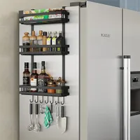 Hängeregal Kühlschrank mit 7 Haken, Gewürzregal mit 3 Ablagen, Regal Schwarz für Kühlschrank, Gewürzregale