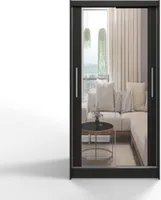 Easy Furniture C7 Schiebetüren Kleiderschrank 100 cm mit Spiegel - Schlafzimmermöbel, Aufbewahrung - Mehrzweckschrank - Farbe: Schwarz