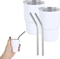 winterbeauy 2x Mini Schnapsglas mit Strohhalm Deckel, 3oz,Sublimation, doppellagig, Metall,für Getränke, Kaffee, Cocktails  (Weiß)