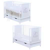 Babybett Kinderbett Schublade 120x60 Weiß Grau mit Bärchen Motiv Matratze 