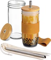 Cosumy Bubble Tea Becher mit Strohhalm und Bambusdeckel - 2er Set Glasbecher - 720ml - Wiederverwendbar - Spülmaschinenfest