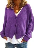 ASKSA Damen Strickpulli Lose Lässige Strickjacken V-Ausschnitt Einfarbig Knopf Strickjacke Pullover, Violett, XL