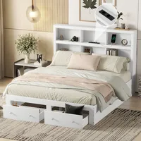 Flieks postel pro mládež 160x200cm manželská postel s USB, postel z masivu se 2 zásuvkami a úložným čelem, dětská postel funkční postel s lamelovým roštem, bílá