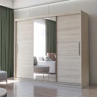 Schwebetürenschrank Kleiderschrank Schrank 250cm Sonoma Eiche/Sonoma Eiche mit Spiegel  und LED-Beleuchtung  Alba