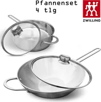 Zwilling Twin Nova Pfannenset Induktion mit Deckel 4Tlg Edelstahl unbeschichtet, Wokpfanne mit Deckel 30cm + Schmorpfanne mit Deckel 24cm, Pfannen Set