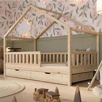 Crazy Pine Domčeková posteľ so zásuvkami 90x200 cm – Detská posteľ z prírodného dreva – Podlahová posteľ ss zásuvkami – Crazy House