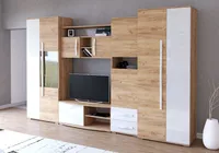 Wohnwand Anbauwand Schrankwand TV-Lowboard Sideboard Laura mit weißer LED-Beleuchtung (Golden Craft Eiche/Weiß Semigloss)