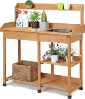Yaheetech Pflanztisch mit Waschbecken, Verstellbaren Ablagefläche und Haken, Gärtnertisch Blumentisch Holzpflanztisch mit Schubladen, aus Wetterfest Holz für Terrasse, Garten und Veranda Holzfarbe
