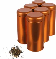 Dosenritter | 6 x runde retro Teedose / Gewürzdose | kupferfarben, aromadicht aus Metall für je 100gr Gewürzpulver | 14 x 6,6 cm (H,ø)