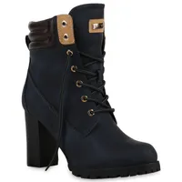 Mytrendshoe Damen Schnürstiefeletten Worker Boots Stiefeletten Blockabsatz 812259, Farbe: Dunkelblau, Größe: 39