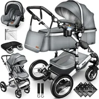KIDUKU® 3 in 1 Kombi Kinderwagen Grau/Silber Buggy Reisebuggy inkl. Auto- Babyschale Faltbar ECE R129