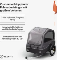 Klarfit Goldie Home Fahrradanhänger für Hunde, 334 L Volumen, Wasserabweisend, Reflektoren & Sicherheitsflagge, 40 kg Tragfähigkeit, Zusammenklappbar, 16-Zoll-Räder, Schwarz