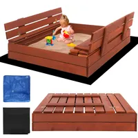 Springos® Premium Sandkasten Sandbox mit Sitzbänken 100x100 cm Massivholz Kinder Spielzeug Imprägniert Holzsandkasten inkl. Vlies Abdeckplane - Braun
