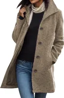 ASKSA Damen Warme Lang Herbst Mantel Locker Trenchcoat Longline Winterjacke Mit Taschen Wollmantel Hemdjacke Wool Coat,Khaki,L