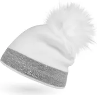 Damen Strick-Mütze gefüttert Fell-Bommel Kunstfell Winter-Mütze Feinstrick mit Glitzer-Garn Bommelmütze Neverless® weiß-hellgrau unisize