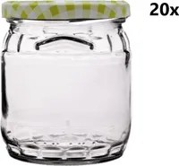 Einmachglas 420 ml FACETTE FÄSSCHEN klar/transparent 20 Stück INKLUSIVE KARIERT HELLGRÜNEN DECKELn, Anzahl der Teile in einer Packung: 20