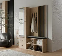 Garderobenschrank LUCA mit Sitzbank und Schuhschrank Garderobenständer und Spiegel Artisan Eiche Haken Schuhregale Kleiderständer Lamellen 129x196x30 cm