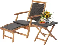 GOPLUS Deckchair mit Beistelltisch, Gartenstuhl aus Akazien Holz & Polyratten, klappbarer Liegestuhl mit Tisch für Garten, Balkon & Pool