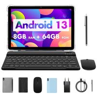 PRITOM 10 Zoll Android 13 Tablet, 8(4+4 erweiterbar)GB+64GB 1TB erweiterbar, WiFi 6, Dual-Box-Lautsprecher, BT5.0, mit Tastatur, Maus, Hülle, Hellblau