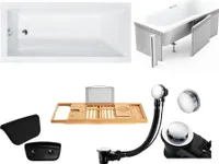 Badewanne Rechteck 180x80 mit Ablaufgarnitur und Füßen GRATIS + Verkleidung (Styropor) + Bambus Holzablage + Kopfstütze in Schwarz | BADLAND MODERN