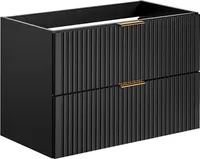 Hängeschrank für das Badezimmer unter dem Waschbecken mit geriffelter Front und zwei Schubladen, 'Adel', 80 cm, in der Farbe Schwarz.