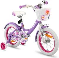 HILAND Petal 16 Zoll Kinderfahrrad für Mädchen ab 3 4 5 6 7 Jahren, mit Stützrädern Korb Handbremse Rücktrittbremse Klingel, Lila