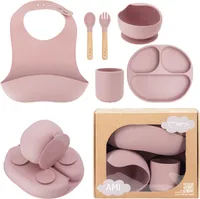 MoMi AMI - Kindergeschirr Set Silikon - Essensset für Kinder – Holz - BPA-frei - Rosa