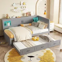 okwish Schlafsofa 90×200cm Holzbett Kinderbett mit Ausziehbares Bett,Jugendbett Schlafsofa mit Steckdose + USB&Bettseitiges Staufach,ohne Matraze,Grau