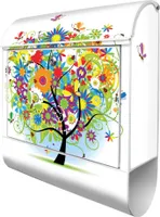 banjado Design Briefkasten Stahl weiß mit Zeitungsfach pulverbeschichtet "Märchenzauberbaum" 38x46x12,5cm & 2 Schlüssel - Postkasten A4 Einwurf inkl. Montagematerial [BKW 10149]