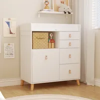 Wickeltisch, Wickelkommode mit 5 Schubladen und Schutzgeländer, Wickelregal mit offenem Stauraum, 85cm*46cm*98cm, MDF, weiß+Holzfarbe