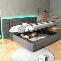 okwish Boxspringbett Polsterbett 180 x 200 cm mit Extra großes Kopfteil, Hydraulisches Stauraumbett mit Bettkasten Stauraum und LED-Beleuchtung(Ohne Matratze)- Grau