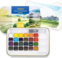 Artecho 34 Stk. Aquarellfarben Wasserfarben Künstler Set - 24 Farben, 1 Wassertankpinsel, 10 Blätter Aquarellpapier im Postkartenformat