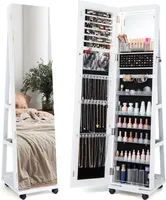Schmuckschrank mit Ganzkörperspiegel, Spiegelschrank mit 4 Rädern & 3 farbigen LEDs & 3 Regalen, Schmuckorganizer 360° drehbar & Abschließbar (Weiß)