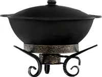 Wok aus Gusseisen 12 L mit Aluminiumdeckel Untergestell Wärmebehälter Schwenktopf Grillwok