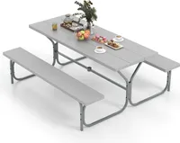 Zestaw namiotów piwnych COSTWAY 183 cm dla 6-8 osób, zestaw wypoczynkowy z 2 ławkami, odporny na warunki atmosferyczne blat HDPE i otwór na parasol, stolik piwny szary