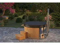 Finntherm Holz Badefass Stockholm aus Thermoholz, Hot Tub Ø 200 cm, 8 Personen, inkl. Edelstahl-Ofen (30 kW), Minibar, Schwimmbecken, Badebottich, Sprudelbad