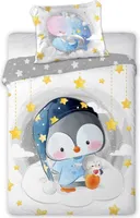 Babybettwäsche Kinderbettwäsche Wendemotiv Baby Pinguin im Schlafanzug Kuscheltier Sternen Wolken grau weiß Bettdecke 100x135 cm + Kopfkissen 40x60 cm 100 % Baumwolle