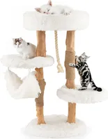 COSTWAY 87cm Kratzbaum Holz, Katzenbaum mit Hängematte & Sisalseil & Plüschsitzflächen, Katzenturm mit Kratzpfosten aus Jute, Katzenmöbel Massivholz, Katzenkratzbaum Kletterbaum Katzen, Weiß