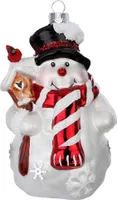 Christbaumschmuck Glas Schneemann mit Hut und Vogel 12.5cm rot / weiß