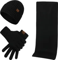 3-Teilige Winter-Mütze, wärmerer Schal, Touchscreen-Handschuhe für Männer&Frauen,Schwarz