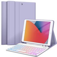 Fintie Tastatur Hülle für iPad 9 8 7 Generation (2021/2020/2019) 10.2 Zoll, 7-farbig beleuchtete abnehmbare Tastatur mit Schutzhülle, QWERTZ Layout, Violett