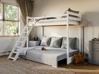Etagenbett Jugendbett Couch SIDNEY 90x200/140x200 mit Schlaffunktion Couch in Cord Samt inkl 3 große Kissen Weiss Grau Funktionsbett aus Kiefernholz