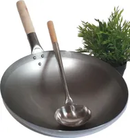 WOK SET, 40RB-K02, Wok Pfanne 40 cm Ø runder Boden Kohlenstoffstahl + Wokkelle Edelstahl Größe S - 44 cm lang mit Holzgriff