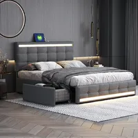 Flieks Stauraumbett Polsterbett 140x200cm mit 4 Schubladen, Jugendbett mit USB und LED, Doppelbett mit Lattenrost, Holzbett Leinen, Grau
