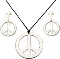 Hippie Halskette & Ohrringe mit Peace-Zeichen für Flower Power Parties & Fasching