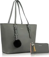 Handtasche Damen mit Geldbörse und Schlüsselanhänger, Groß Elegant Damen Handtasche, ​Geschenke für Frauen, Grau