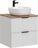 Badmöbel Waschtisch Unterschrank Set 60 cm matt weiß mit Wotaneiche, 2 Softclose Schubkästen, 42 cm Keramik-Waschbecken, B/H/T 60,6/74,2/46,5 cm